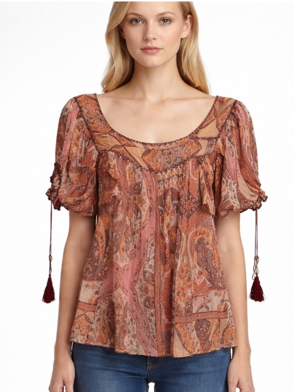 Ice Silk Boho Print Crochet Tassel Peasant Blouse Festival Cottagecore Top Sz S - Picture 1 of 12